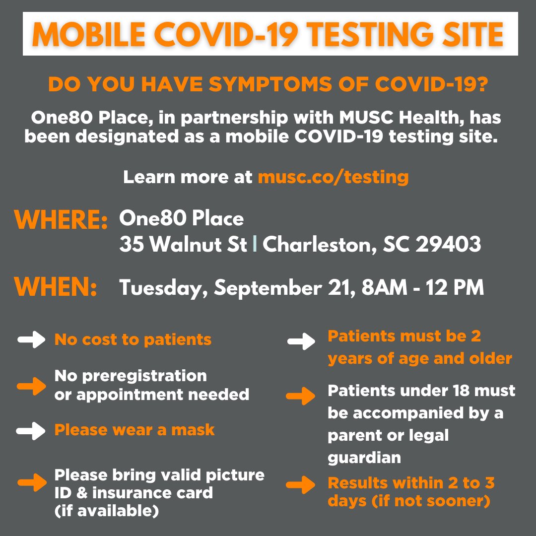 One80 Place (@one80place) on Twitter photo Tomorrow, <a href="/MUSChealth/">MUSC Health</a> is providing free COVID-19 testing from 8 AM to 12 PM at One80 Place (35 Walnut St).
There is no cost & no appointment necessary.
For more details visit: musc.co/testing Tomorrow, <a href="/MUSChealth/">MUSC Health</a> is providing free COVID-19 testing from 8 AM to 12 PM at One80 Place (35 Walnut St).
There is no cost & no appointment necessary.
For more details visit: musc.co/testing