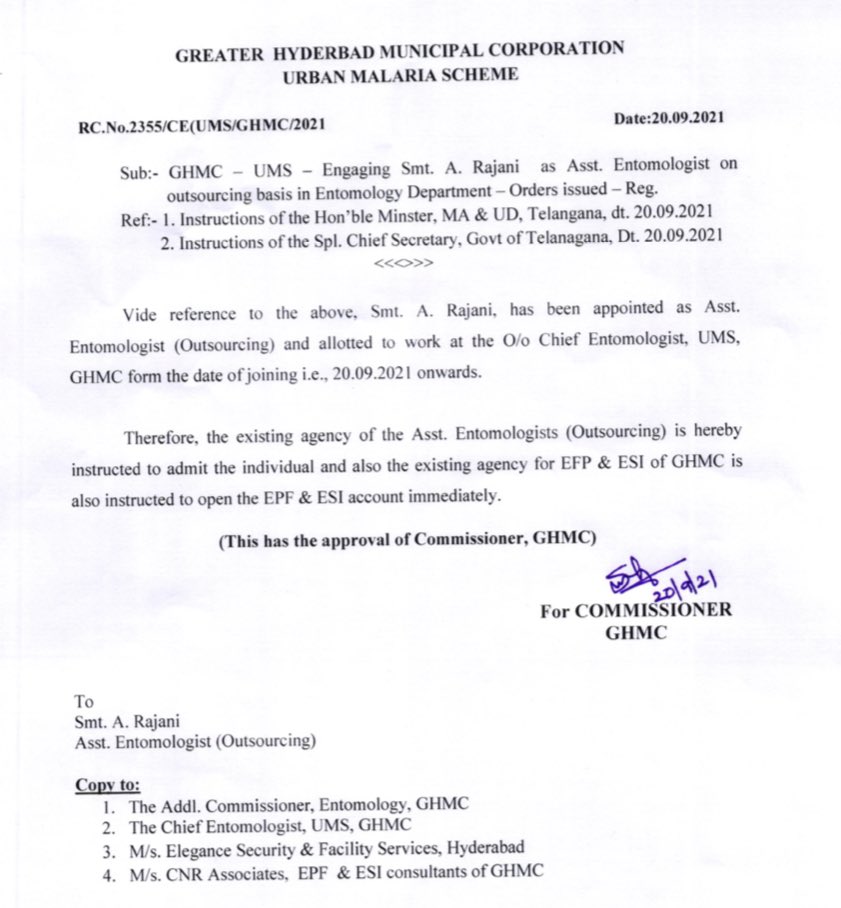 arvindkumar_ias's tweet image. On hearing the plight of Rajni, who’s MSc (organic Chemistry), has 2 daughter &amp;amp; working as sweeper on daily wages, minister @KTRTRS met her today &amp;amp; offered to employ her as Assistant Entomologist on O/S basis in @GHMCOnline

Orders have been issued after verifying her credentials