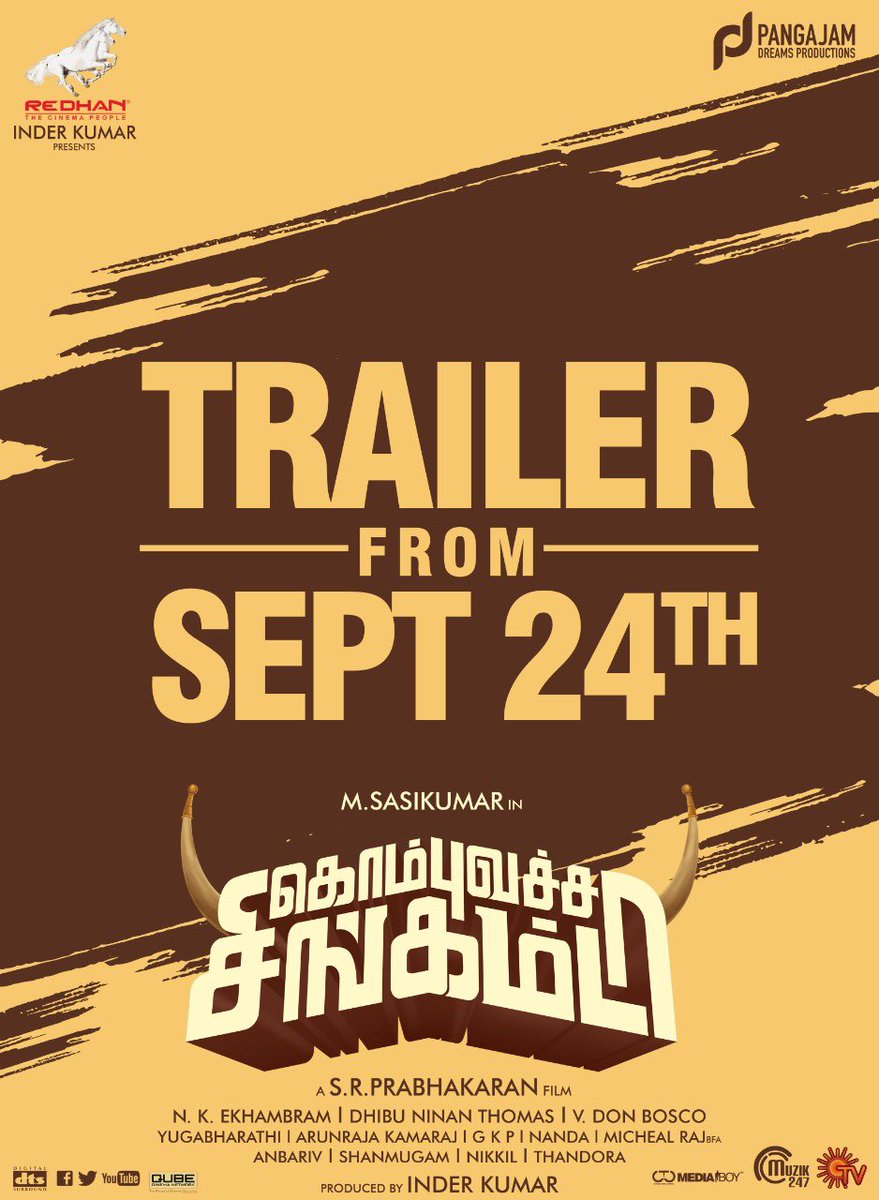 Madonna Sebastian (@madonnasebast14) on Twitter photo Very happy to announce #KombuVatchaSingamda trailer releasing on Sep 24th.
<a href="/RedhanCinemas/">#Redhan</a> <a href="/SasikumarDir/">M.Sasikumar</a>
<a href="/DirSRP_Official/">SR_Prabhakaran offi</a> <a href="/inder3kumar/">Inder Kumar</a>
@Madonnasebast14 <a href="/sooriofficial/">Actor Soori</a>
<a href="/eka_dop/">Ekhambram DOP</a> <a href="/dhibuofficial/">DHIBU NINAN THOMAS</a>
@editordonbosco <a href="/onlynikil/">Nikil Murukan</a> <a href="/Muzik247in/">Muzik247</a> @Suntv @CtcMediaboy Very happy to announce #KombuVatchaSingamda trailer releasing on Sep 24th.
<a href="/RedhanCinemas/">#Redhan</a> <a href="/SasikumarDir/">M.Sasikumar</a>
<a href="/DirSRP_Official/">SR_Prabhakaran offi</a> <a href="/inder3kumar/">Inder Kumar</a>
@Madonnasebast14 <a href="/sooriofficial/">Actor Soori</a>
<a href="/eka_dop/">Ekhambram DOP</a> <a href="/dhibuofficial/">DHIBU NINAN THOMAS</a>
@editordonbosco <a href="/onlynikil/">Nikil Murukan</a> <a href="/Muzik247in/">Muzik247</a> @Suntv @CtcMediaboy