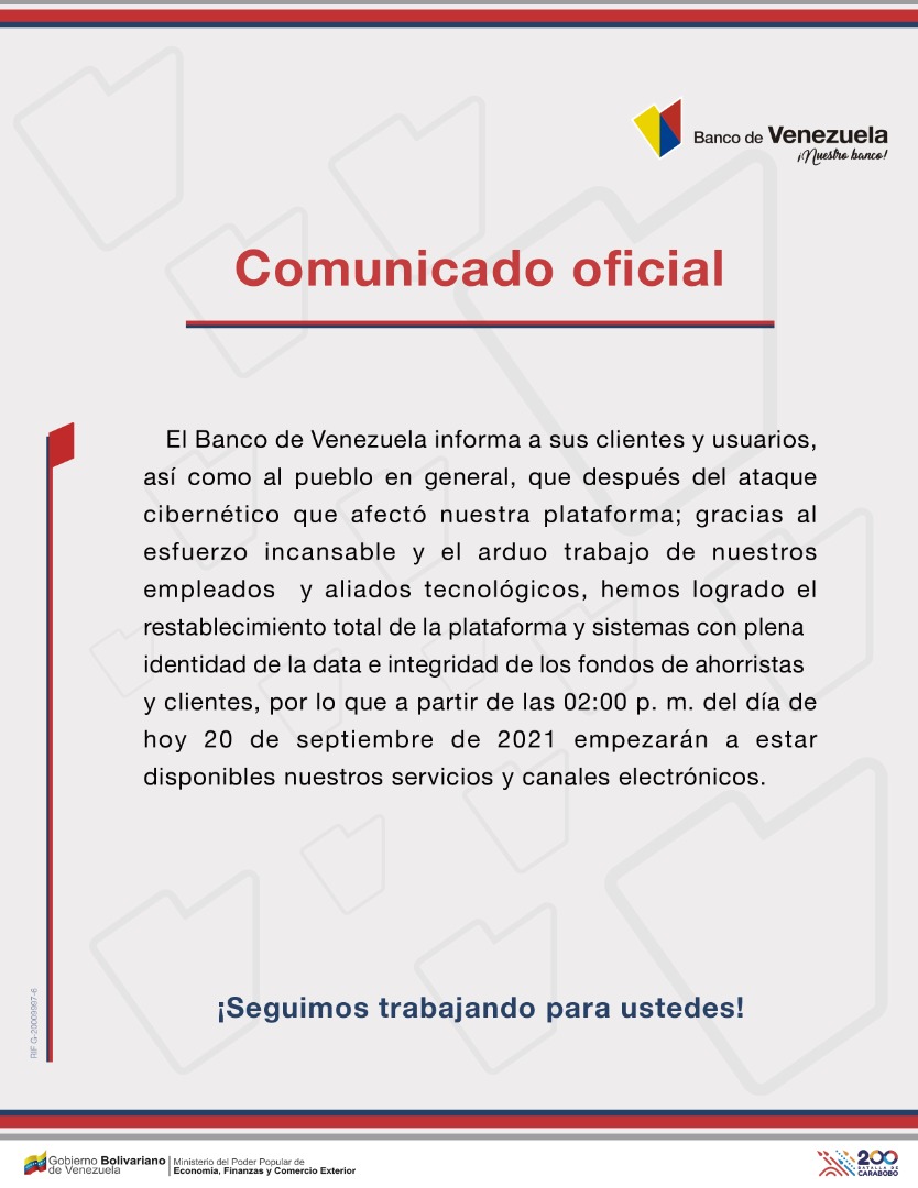 Banco de Venezuela anuncia restablecimiento total de su plataforma