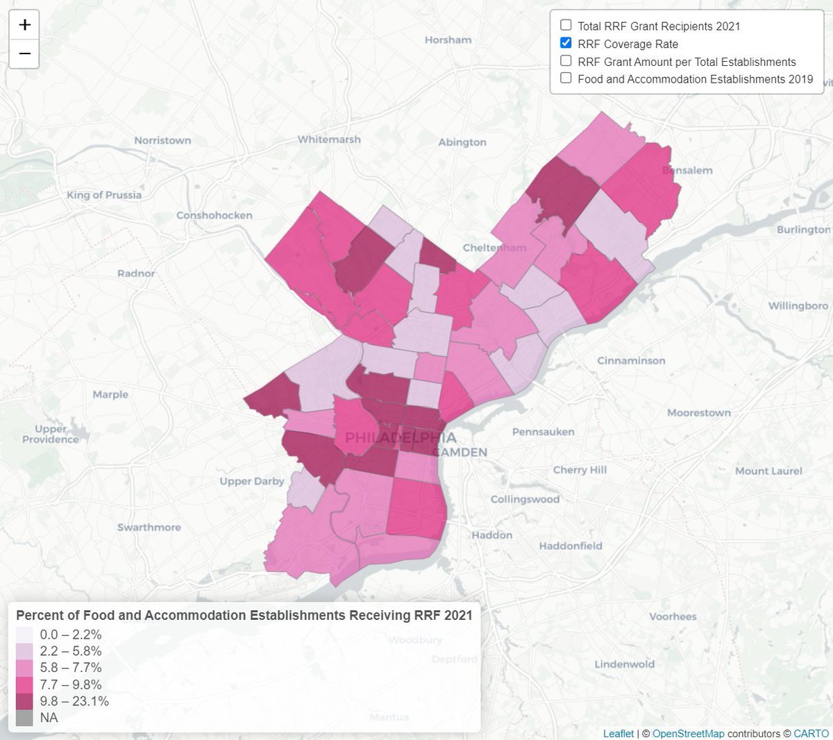 #PhillyFact: Normalizing the #RestaurantRevitalizationFund’s coverage rate (by the proportion of total estimated food and accommodation establishments), suggests a large disparity among Philly's zip codes.

Read more here: economyleague.org/providing-insi…
#PolicyHub #Data4Philly #SmallBiz