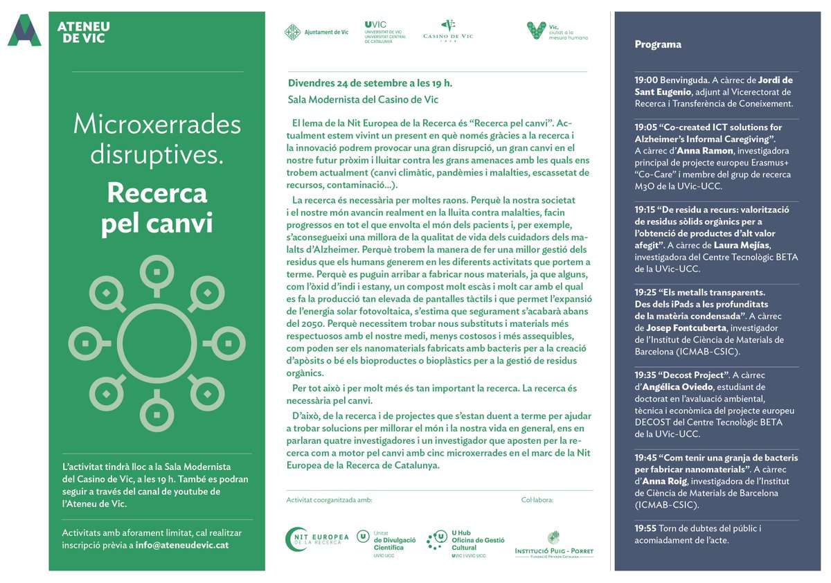 BETA_TechCentre's tweet photo. 📣S'acosta la #NitRecerCat! Divendres serem al #Casino de #Vic participant en una sessió de microxerrades sobre #RecercaPelCanvi.
📅24 de setembre
📍19h
🗯️Cal inscripció!
#NitRecerCat21 https://t.co/6y3KQGxyAR