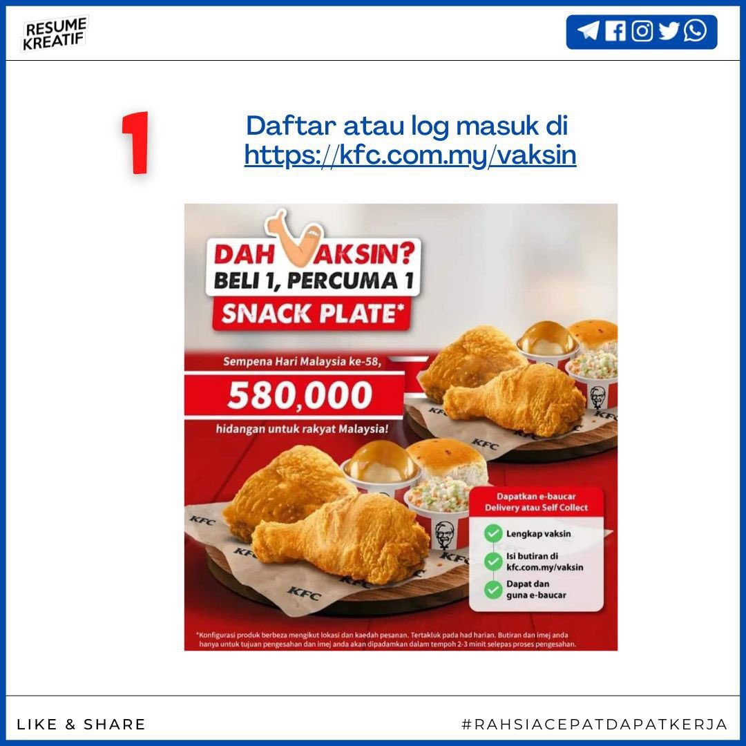 empayarkerjaya's tweet photo. Siapa yang dah lengkap vaksin tu boleh la tebus baucar KFC Snack Plate Buy 1 Free 1. Valid 16 September sampai 16 Oktober tau. 

Sebarkan. https://t.co/AsDbh2460A