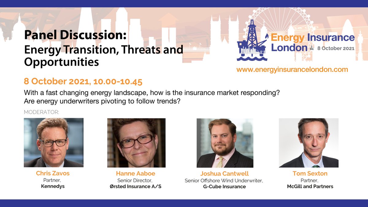 Join us at #Energy #Insurance #London on October 8th where this senior panel will discuss Energy #Transition, Threats &amp; Opportunities with <a href="/KennedysLaw/">Kennedys</a> @GCubeInsurance @mcgill_partners <a href="/Orsted/">Ørsted</a> REGISTER TODAY! energyinsurancelondon.com/register/