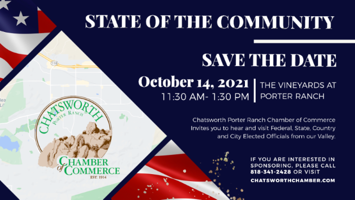 Register today for the Chatsworth / Porter Ranch Chamber's Annual State of the Community Luncheon on Thursday, October 14th!  Please contact david@phelpspublicaffairs.com for sponsorship opportunities.  conta.cc/3kwhiWd