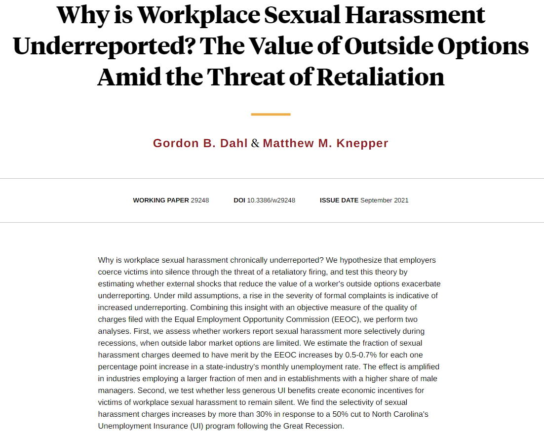 Limited job options and less generous unemployment insurance benefits exacerbate underreporting of workplace sexual harassment, from Gordon B. Dahl and Matthew M. Knepper nber.org/papers/w29248