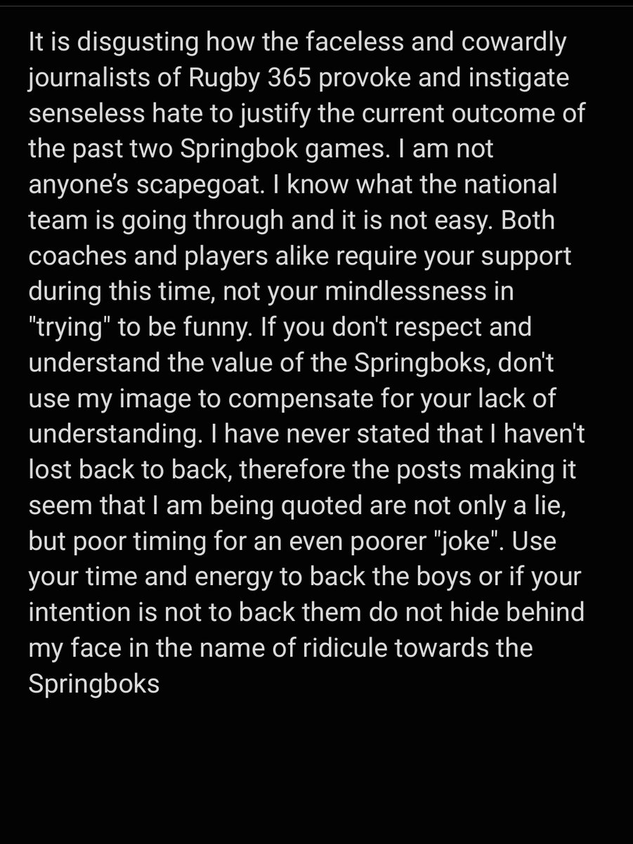 Re: recent post by <a href="/rugby365com/">rugby365.com</a> regarding myself and <a href="/Springboks/">Springboks</a>