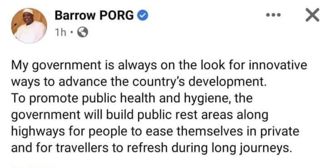 When desperation kicks in you lose your mind. What is innovative in building toilets along highways. mr president you have reduced the name of that high office to zero. Smh 🤦‍♀️ we need to drag you out of that place. <a href="/kemo_bojang/">Kemo Bojang 🇬🇲</a>