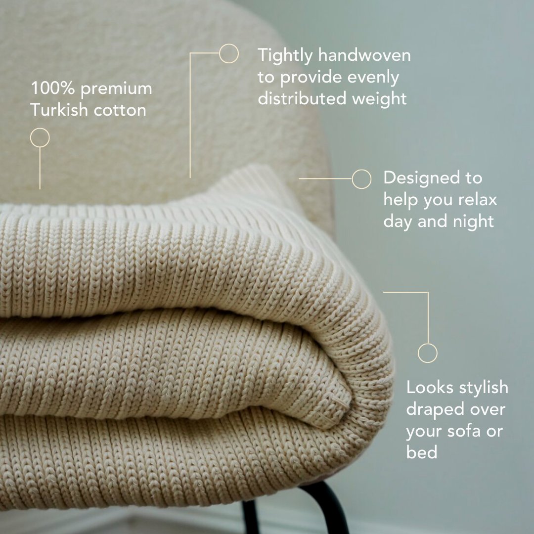 Meet our new luxe cotton knit weighted blanket, made of 100% premium Turkish cotton. Stylish and comfortable, this weighted blanket will complement your bedroom while helping you relax.