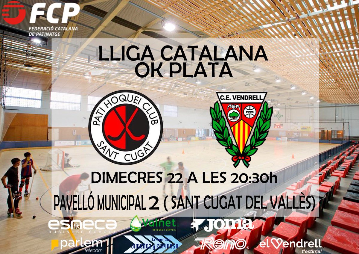 🆚 <a href="/phcsantcugat/">Solideo Patí Hoquei Club Sant Cugat</a> - <a href="/okcevendrell/">Club d’Esports Vendrell</a> 

📍Pavelló Municipal 2
📅22 de setembre
⏰20:30 h

#caminemjunts
<a href="/ESNECA/">ESNECA Business Sch.</a> 
<a href="/JomaSport/">Joma Sport</a> 
<a href="/Turismevendrell/">Turisme El Vendrell</a> 
<a href="/Parlem/">Parlem</a> 
Valnet
Limpiezas Jimenez 
Reno