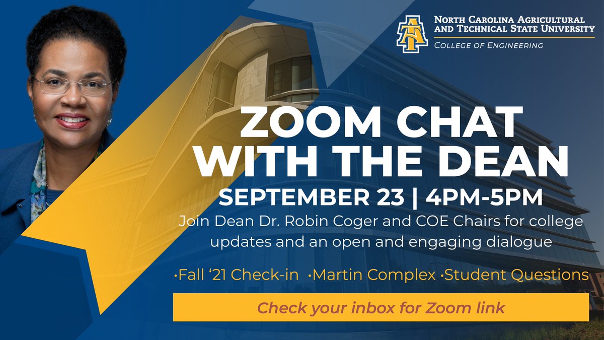 🗓️Save the date🗓️

COE students: learn important college updates, provide feedback about the Fall '21 semester and engage in open dialogue with Dean Dr. Robin N. Coger and COE chairs this Thursday at 4PM. We look forward to the conversation with you!