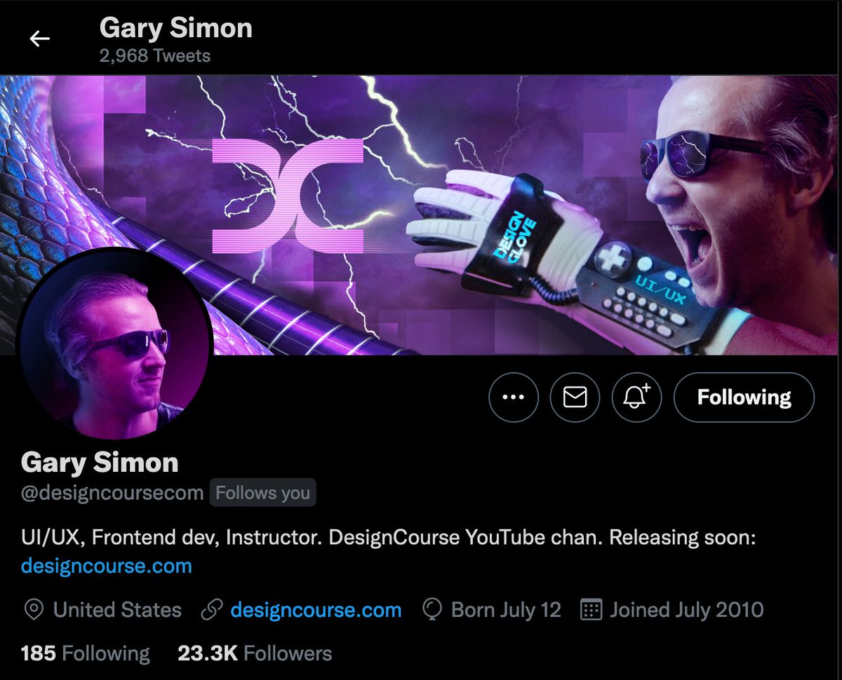 codebysheen's tweet image. Wasn't expecting to get a follow from Gary Simon
@designcoursecom
I've learned a whole lot about Design, frontend and animations from your videos
I'm not sure how useful my tweets will be as they're mostly bad jokes and pictures of cats 😂
I'll tweet more useful stuff soon 😅