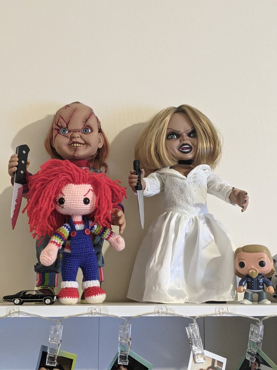 HymersMichael's tweet photo. My partner's best friend made me a #chucky crochet doll and it's awesome. Look like a happy, murderous family now. Thanks to @RealDonMancini for creating such great characters https://t.co/E0pRBjlD5E