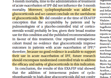 KaminskiMed's tweet photo. Important! 1) Double-Blind Placebo-controlled trials in IPF acute exacerbations are POSSIBLE (this is 2nd). 2) Adding Immunosuppression does not help, may ⬆️ mortality. TIME for the real trial - STEROIDS vs PLACEBO! Kudos #EXAFIP & #OrphaLung teams! https://t.co/1cVKgpm3q7 https://t.co/zIXEQI0bgi