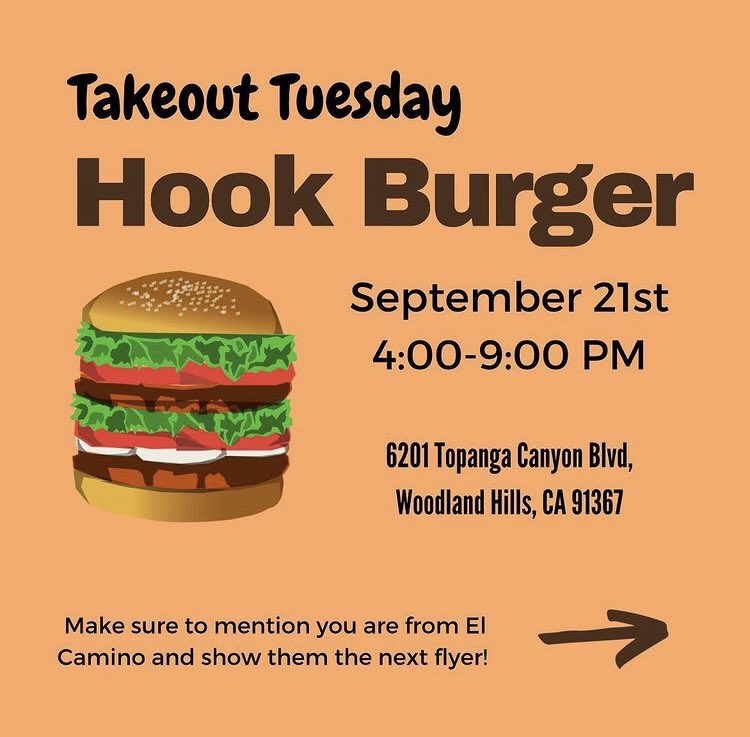 asb_ecr's tweet photo. Good morning El Camino students! Our next Takeout Tuesday will be held at Hook Burger on September 21st from 4 to 9 PM. Make sure to stop by Hook Burger for a delicious dinner and to support your school! #ELCOPRIDE 💙💙 https://t.co/76sdgp4lSY