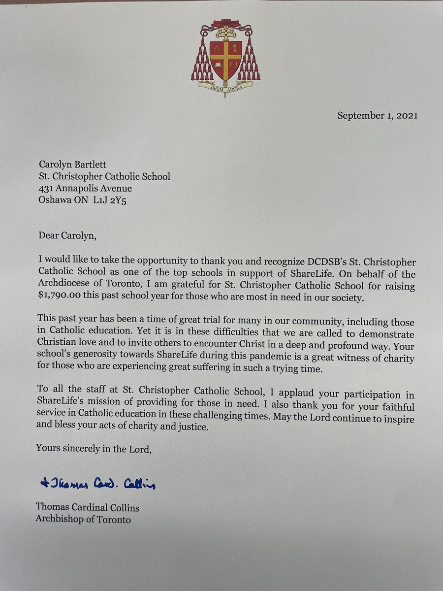St Christopher Thank You To Our St Chris Community For Raising Over 1700 Last Year For Sharelifecan Please See The Attached Letter Received From The Cardinal Collins Dcdsbfaith T Co Rzc0hnifcd