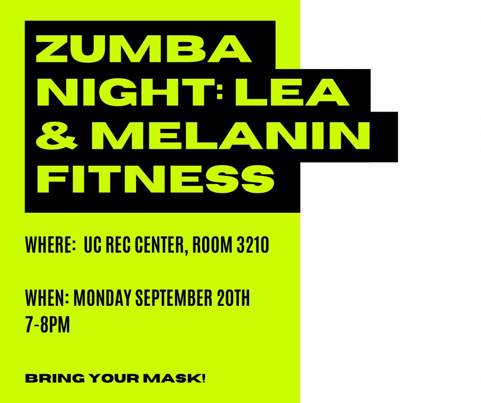We are moving our Zumba event with @melaninfitness_uc to the UC rec center, room 3210. Don’t forget to bring a mask and a water bottle! 💃🏽🤸🏽‍♀️