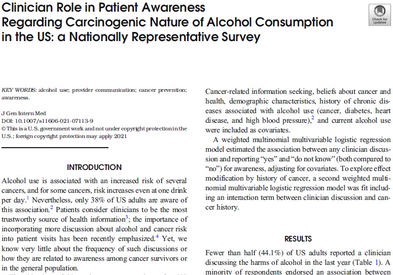 In a representative US sample, adults who had discussed harms of alcohol with their clinician in the last year had 66% higher odds of being aware that alcohol caused cancer. #alcoholuse #providercommunication <a href="/MedicineUVA/">UVA School of Medicine</a> link.springer.com/article/10.100…