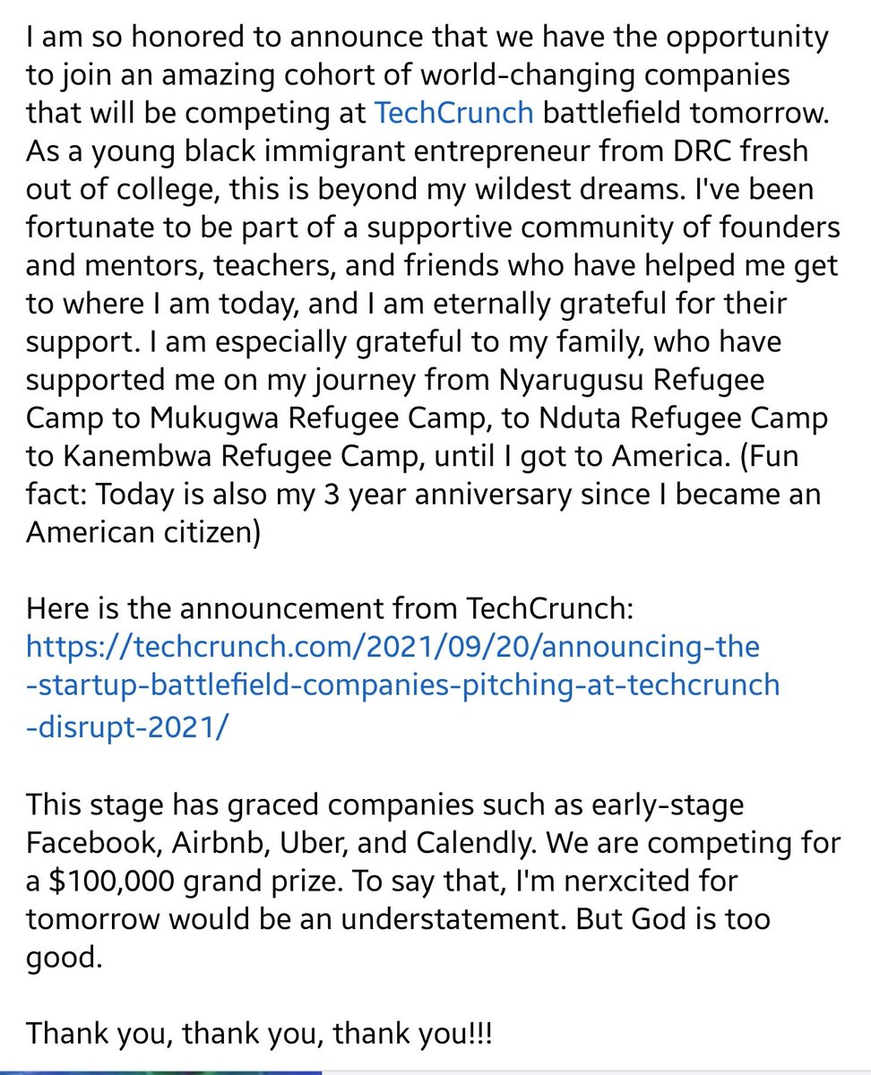 Beyond grateful to present <a href="/Enlightapp_co/">Enlightapp</a> at <a href="/techcrunch/">TechCrunch</a> Disrupt Startup Battlefield tomorrow. I am so grateful 🙏🏾  for all the love and support from all amazing minds that have helped me throughout my journey.

Here's my message to you: 🚀🙏🇨🇩
