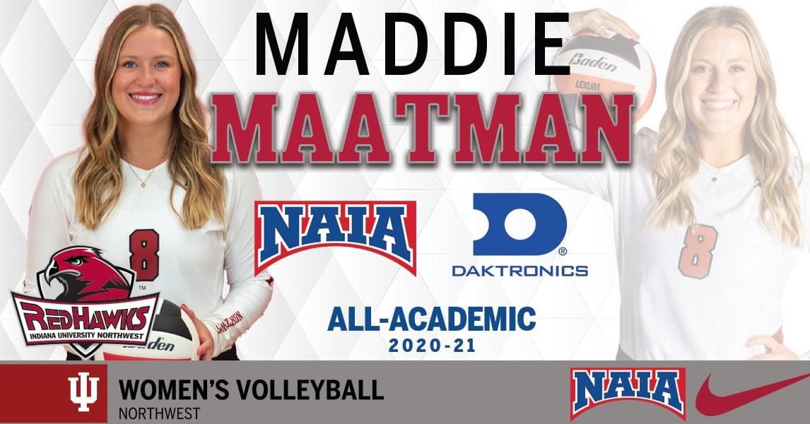 IUNRedHawks's tweet photo. Congrats are in order for @IUN_Volleyball Senior Maddie Maatman. Maatman has been named an NAIA Daktronics Scholar Athlete for the second straight year.

Read about it here ➡: https://t.co/JmhO6aEfPu

#IUN #GoRedHawks https://t.co/2HV4HBKTTM