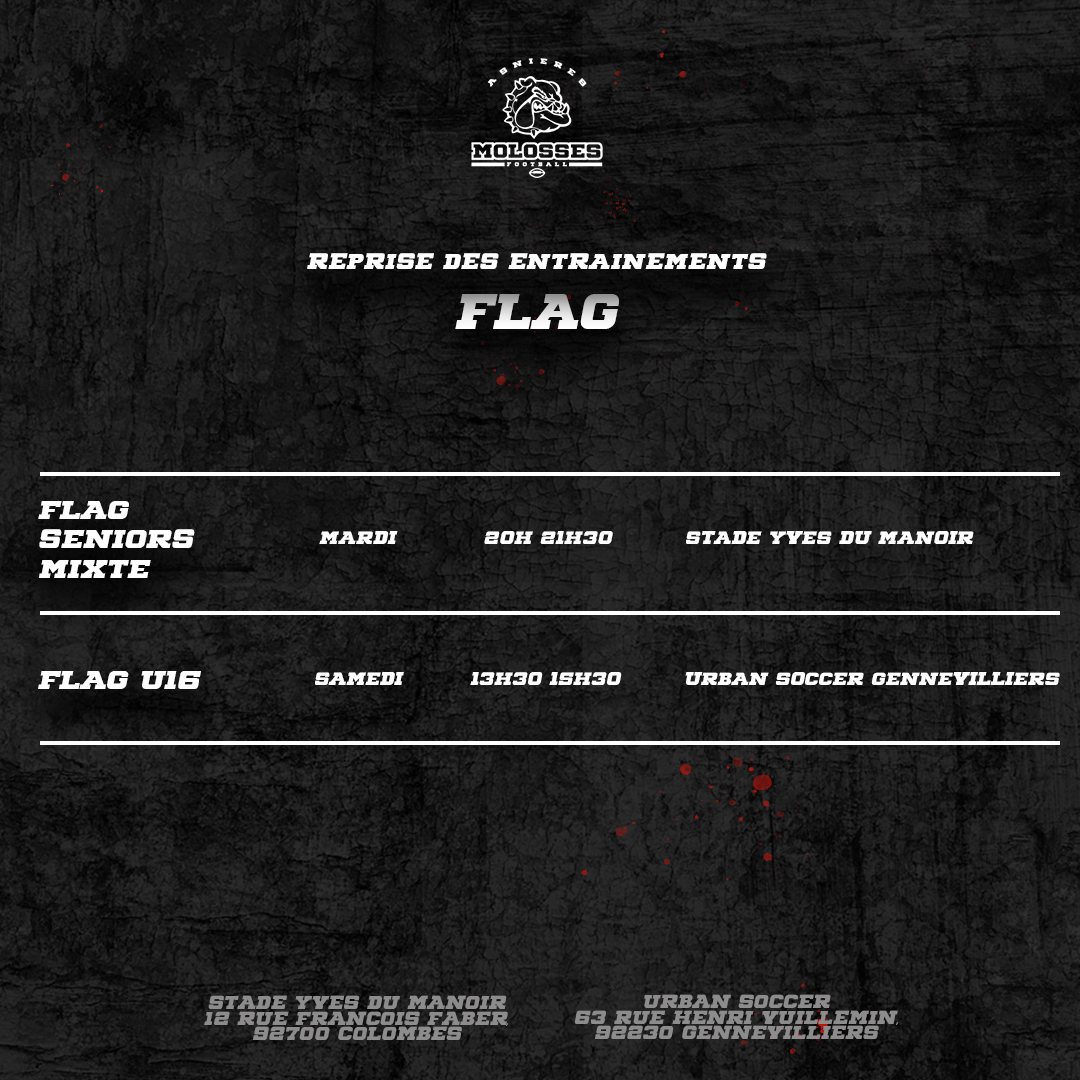🏈 Le Flag fait sa rentrée 🏈

Les entrainements ont repris pour nos sections flag, voici un récapitulatif des lieux et horaires d'entrainement.

🦠 PASS SANITAIRE obligatoire pour toutes les personnes majeures

#footus #flag #flagfootball #fffa #footballamericain