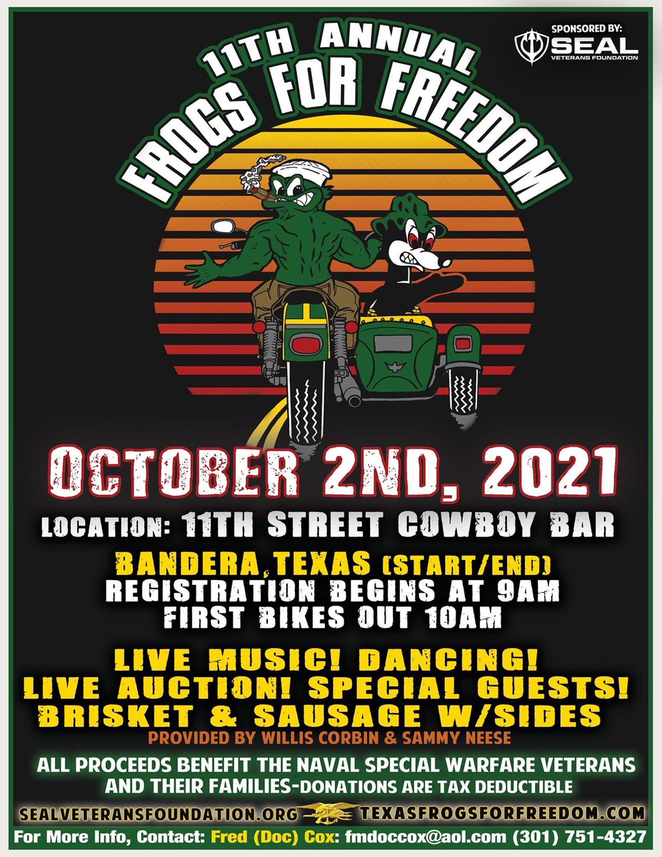 #bandera #texas - Oct. 2

#motorcycles #charityevent #frogsforfreedom #navalspecialwarfare 
#thebikerbookforcharity