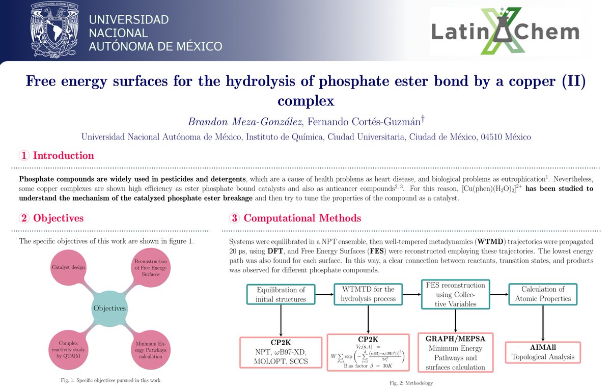 BrandonCIP1's tweet photo. Hello, world!
This is my work at @LatinXChem: "Free energy surfaces for the hydrolysis of phosphate ester bond by a copper (II) complex".
#LatinXChem #Comp029 #LXChemComp
#DFT #Metadynamics #Catalyst #Copper
It's not the best multimedia design, but it's honest work. <3 https://t.co/4zEoKP0hGP