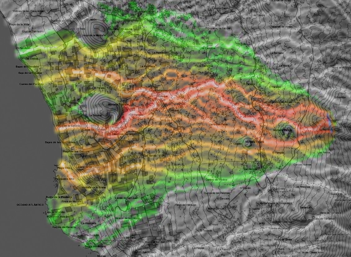 colores = modelo VORIS 2.01 coladas de lava
rojo = probabilidad 100% (10^0)
amarillo = probabilidad 0,3% (10^-2,5)
verde = probabilidad 0,001% (10^-5)
sombras = modelo HDmeteo cuencas agua
mapa base = GRAFCAN topo