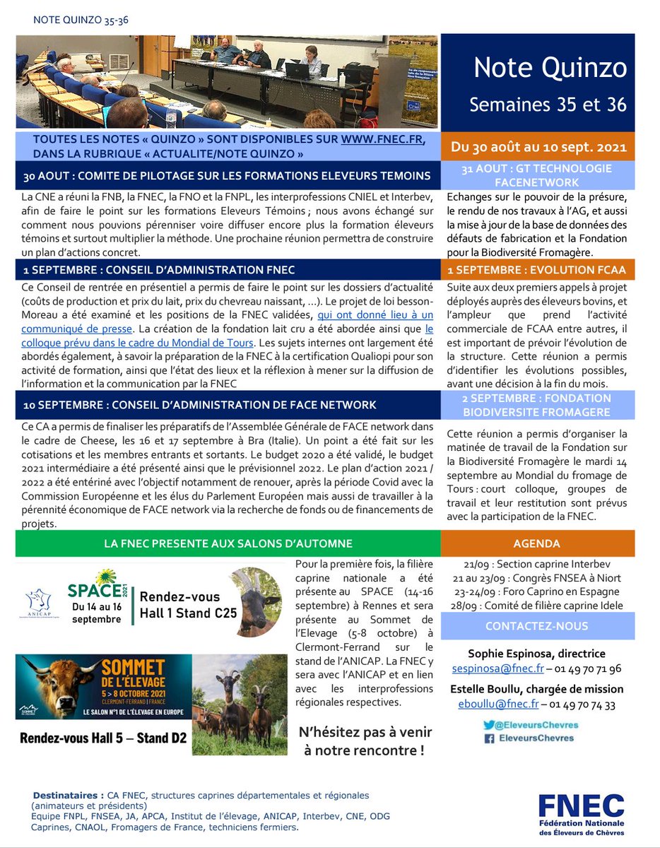 EleveursChevres's tweet image. La #NoteQuinzo de la rentrée est parue ! Découvrez l'actualité de cette quinzaine : éleveurs témoins, conseil d'administration #FNEC de rentrée, France Carbon Agri Association #FCAA, CA et groupe de travail #FACEnetwork, fondation lait cru et salons @SPACERennes et @SommetElevage