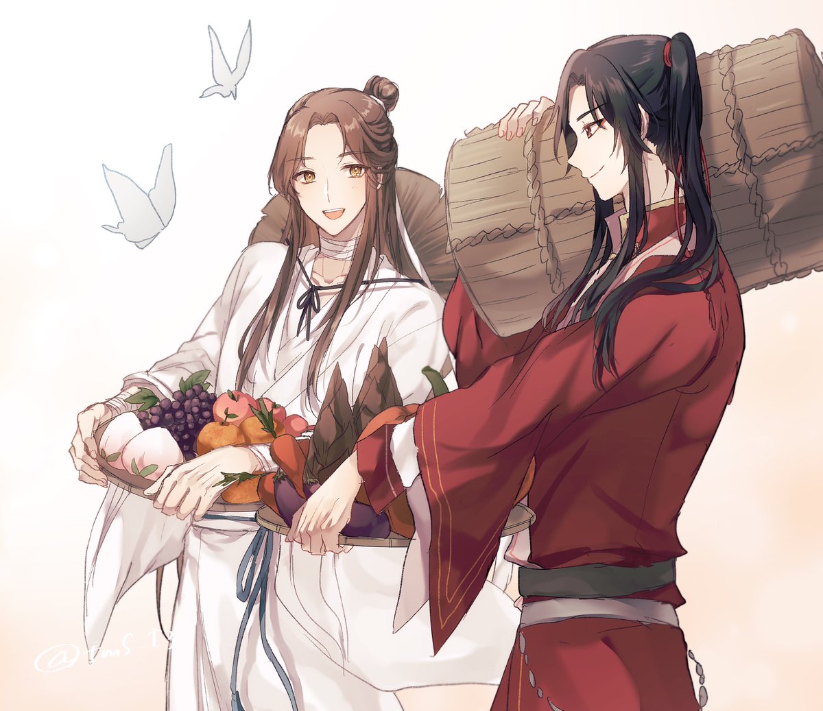 2boys multiple boys fruit male focus basket long hair chinese clothes  illustration images