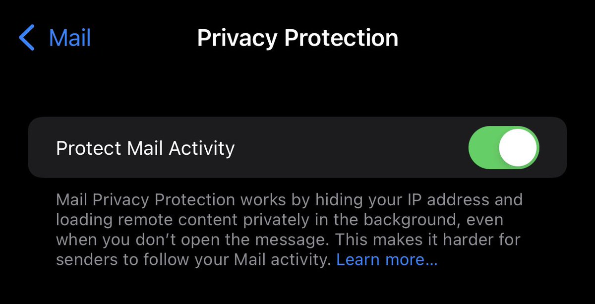 jsmith189's tweet photo. Oh back to security for a second. We’re now given the option to block tracking pixels in Mail.

They’re basically hidden within emails so companies can see when you’ve opened emails and how long for.  RIP Mail Chimp. https://t.co/ByPiSuKOjB