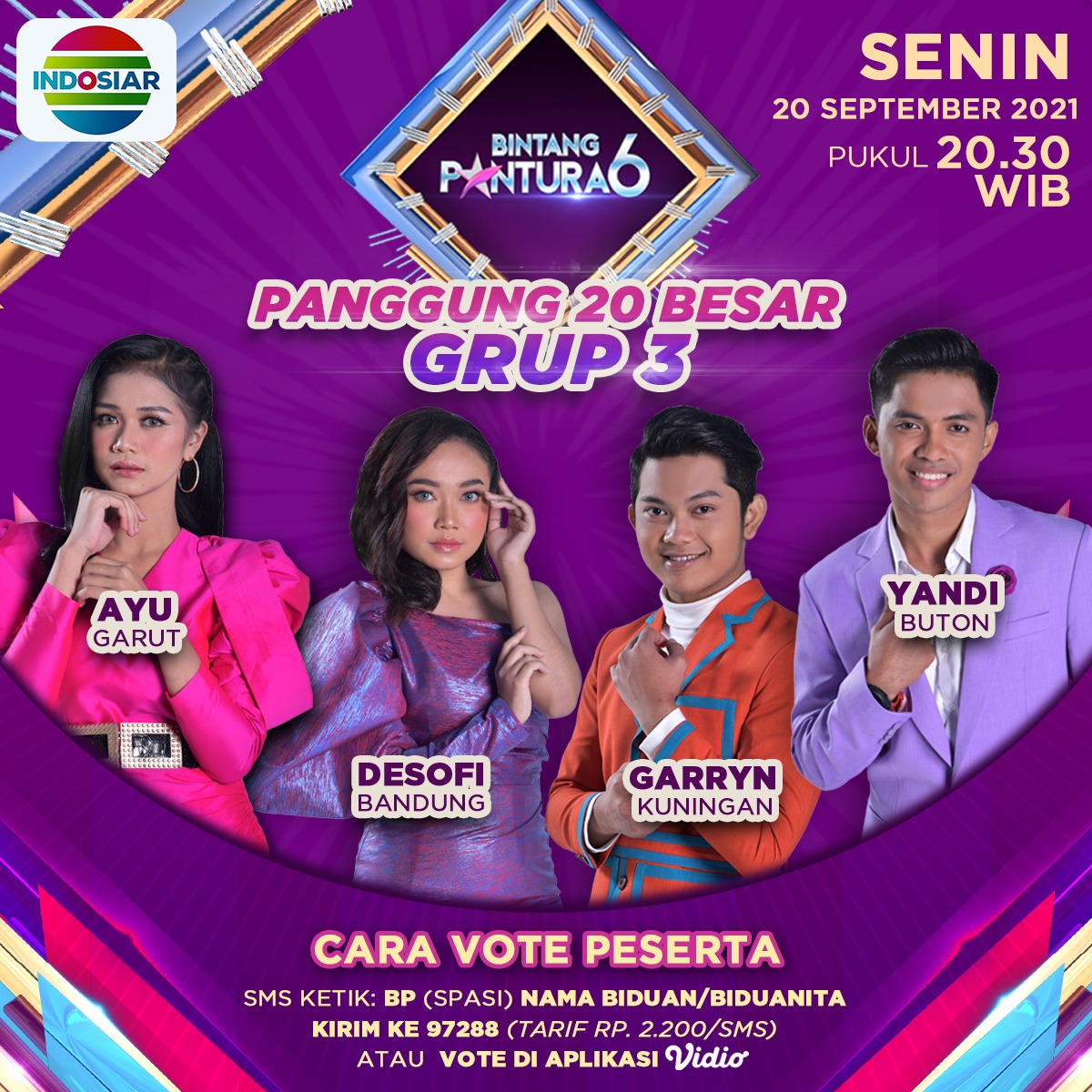 Indosiar's tweet photo. Kalian dukung jagoan dari team mana nih?
#TeamHappy #TeamKiyowo #TeamSayang atau ##TeamTerpesona?
Duduk manis di depan tv pukul 20.30 WIB saksikan #BintangPantura6 malam ini! https://t.co/iIDgwnU4yU