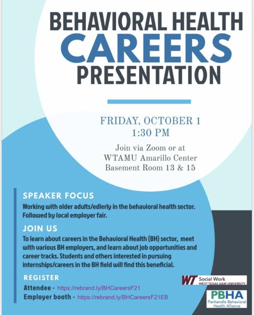 PBHA will be hosting its bi-annual Behavioral Health Careers Presentation on Friday, October 1st at 1:30 pm virtually OR in-person for students or job-seekers to learn about our local behavioral health agencies.
 
Register at rebrand.ly/BHCareersF21.