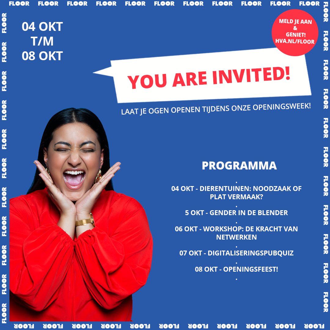 YOU ARE INVITED! 🎉#FLOOR heeft een nieuwe locatie en dat vieren we graag samen met jou! Laat je verrassen in de #openingsweek door de verschillende sprekers en/of acts en praat, luister of zing met ons mee! 

Aanmelden kan via hva.nl/floor. Kom jij ook? 🤩