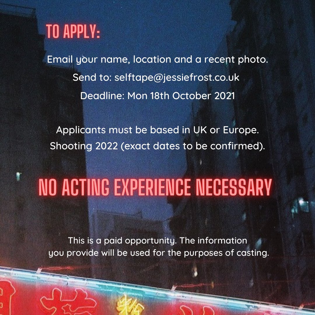 OPEN CASTING CALL! 🎥
Jessie Frost Casting and Olivia Brittain Casting are searching for a LEAD ROLE in a European Feature Film. We are looking for a FEMALE CANTONESE SPEAKER age 25-32yrs. Applicants must be based in UK or Europe. (1/2)

@jessiefrostcast