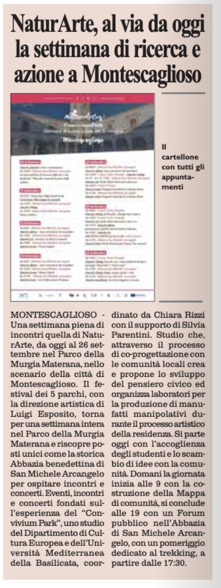 È partita la settimana di #NaturArteBasilicata a #Montescaglioso! Da oggi, 20 settembre al 26, incontri, eventi all'interno del progetto sperimentale dell'Unibas #ConviviumPark, di co-progettazione con la comunità. 
Prenotazione su eventbrite.it/o/naturarte-ba…