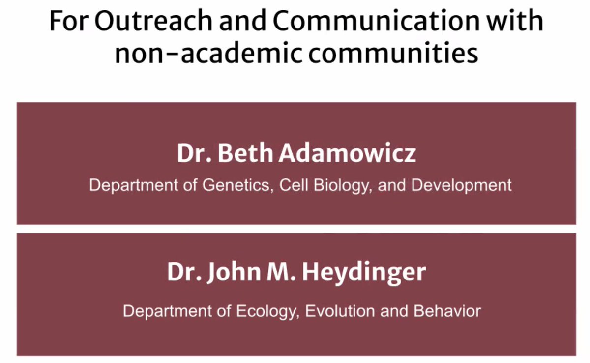 Congratulations to our #UMNpostdoc winners for Outreach &amp; Communication in non-academic communities, Dr. Beth Adamowicz <a href="/BethA_z/">Dr. Beth Adamowicz, PhD</a> &amp; Dr John Heydinger!  #umnproud