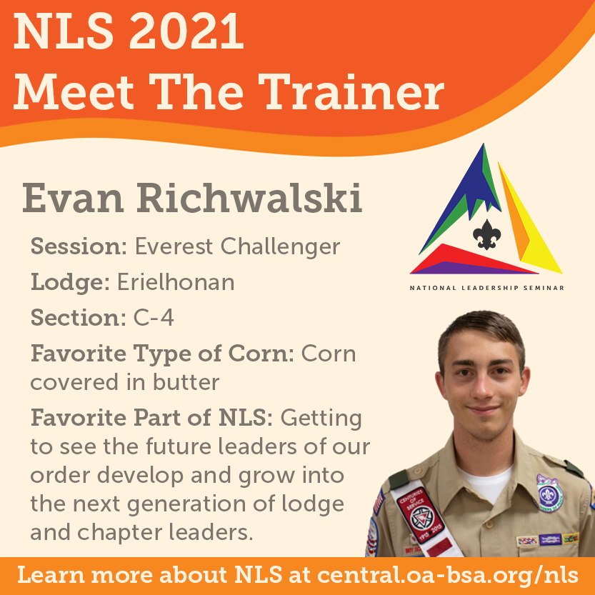 Meet The Trainer: Evan, another buttered corn fan, is Section C-4's Chief and a new addition to our NLS Staff. Evan facilitates the exciting "Everest Challenger" experience. Learn more about NLS at central.oa-bsa.org/nls
#OA #BSA #WeAreCR #NLS #WritingOurNextChapter