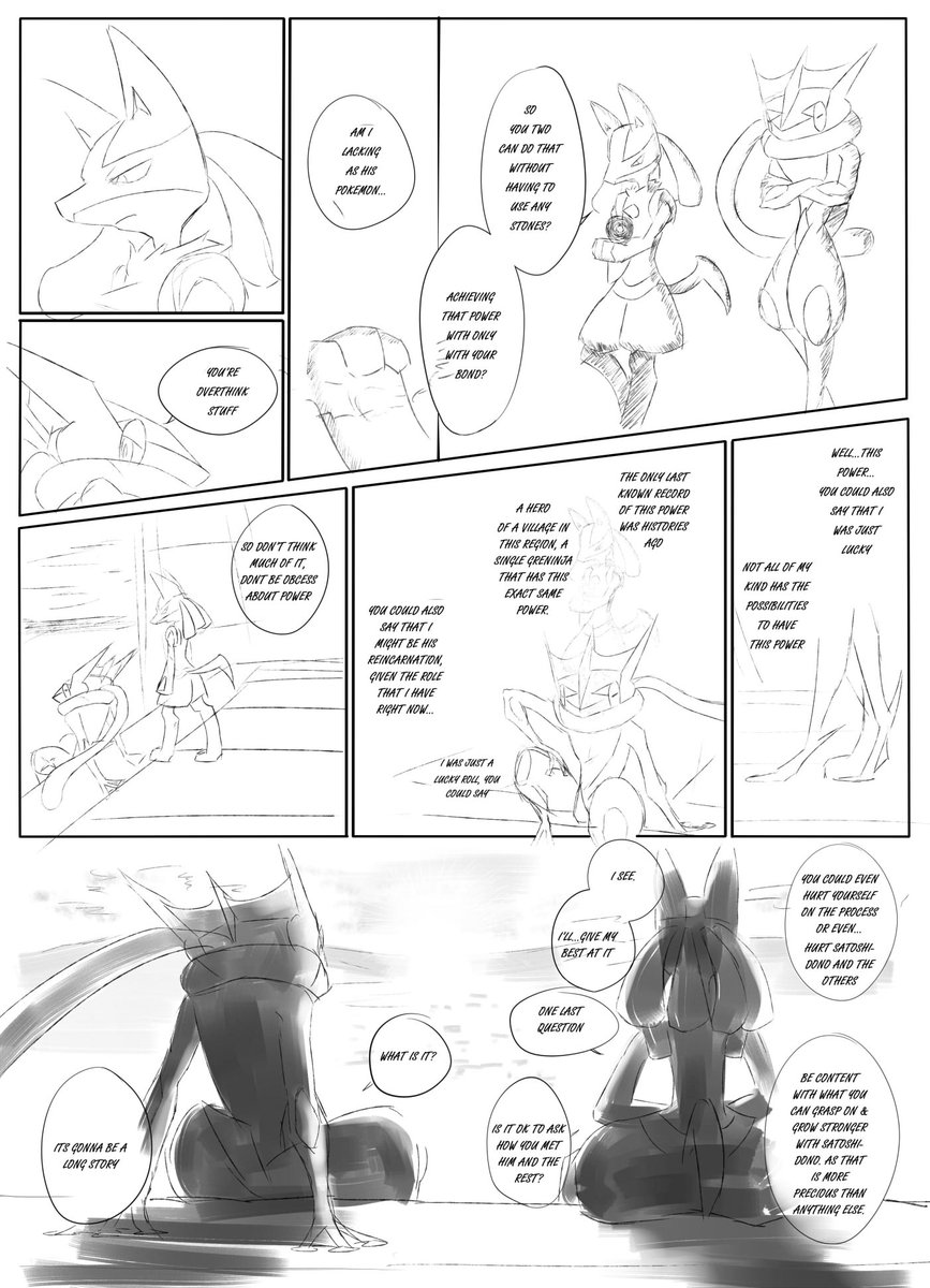 Little comic of what i kinda want them to converse about to each other. In my head cannon Lucario didnt lose his personality yet from his debut as a Riolu hence why his acting like this. 