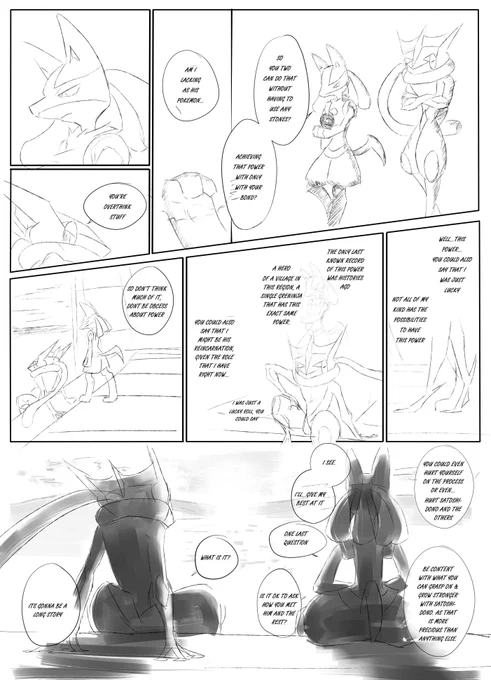 Little comic of what i kinda want them to converse about to each other. In my head cannon Lucario didnt lose his personality yet from his debut as a Riolu hence why his acting like this. 