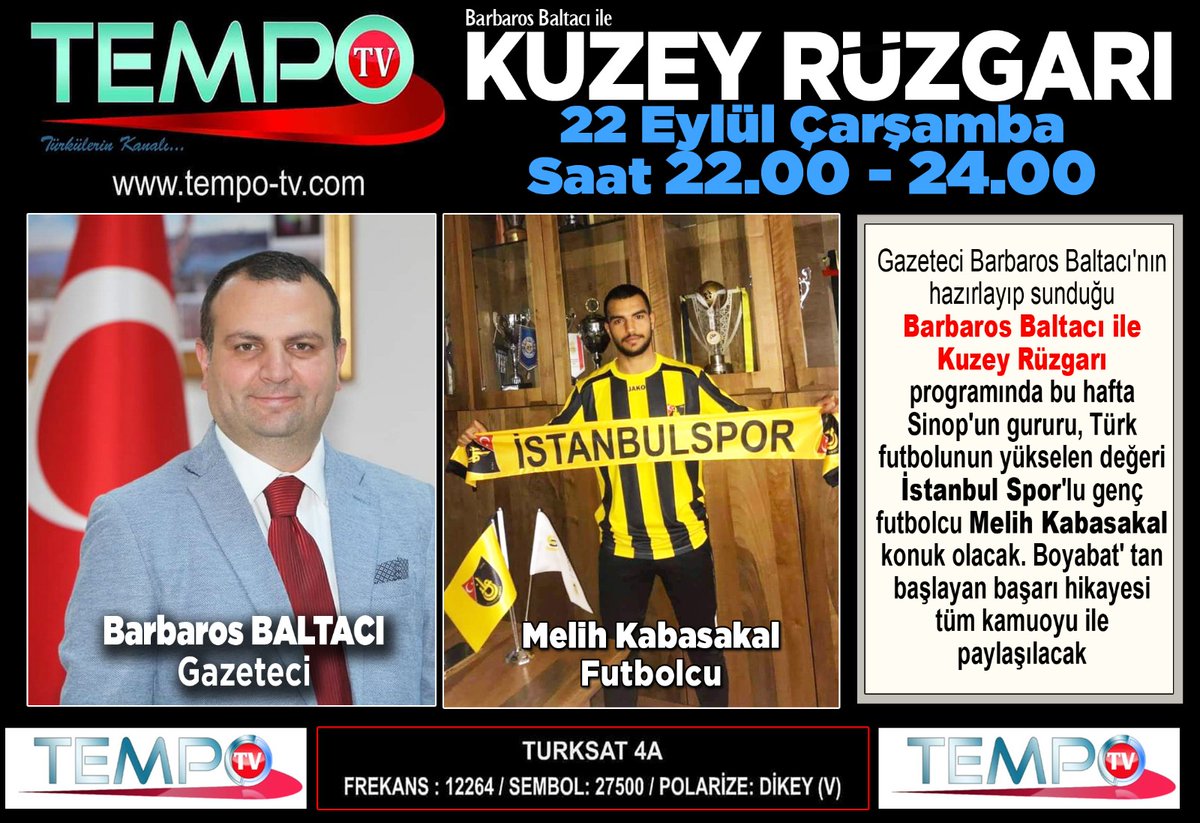 Barbaros Baltacı ile Kuzey Rüzgarı proğramımızda bu hafta Türk futbolunun yükselen değeri, 2020-2021 sezonu TFF 1 Lig' de yılın karmasına seçilen İstanbul Spor'lu genç futbolcu Melih Kabasakal konuk olacak. Boyabat' tan başlayan başarı hikayesi ile karşınızda olacağız.