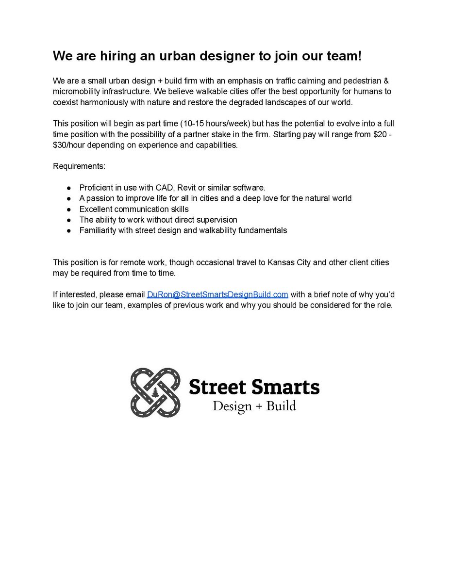 StreetSmartsDB's tweet image. We're looking for someone to join our team!

We need someone sufficient in CAD or Revit who also has a burning passion to create walkable communities and a deep love for the natural world.

Please email DuRon@StreetSmartsDesignBuild.com to inquire!