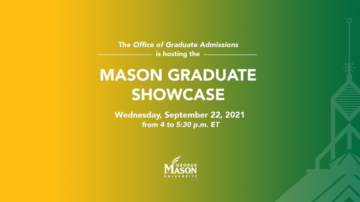 .<a href="/MasonAdmissions/">Mason Admissions</a> is hosting their Graduate Showcase THIS Wednesday via Zoom from 4 to 5:30 p.m. ET. Come explore the graduate programs <a href="/Mason_CEC/">Mason CEC</a> has to offer! 📆
masongradevent.secure.force.com/events/targetX…