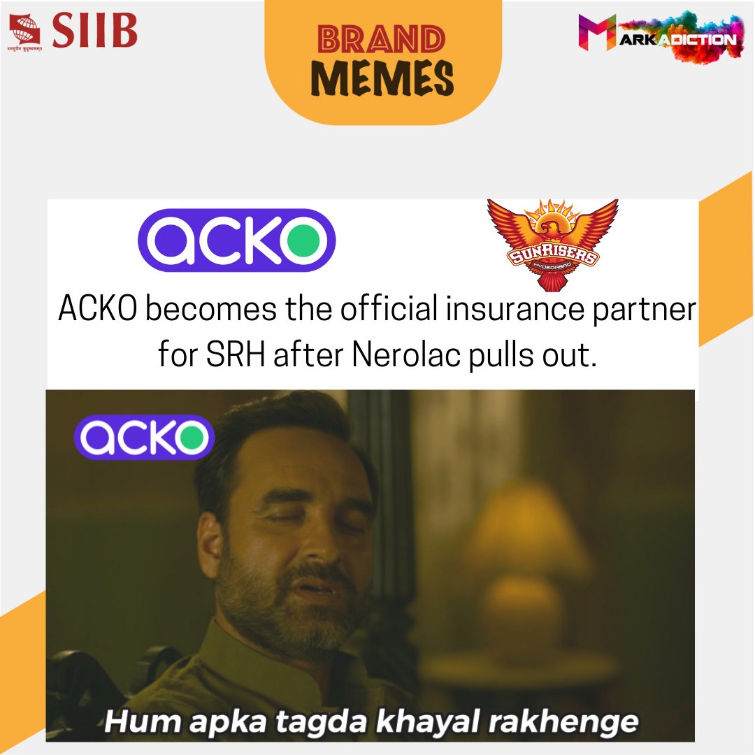 Markadiction1's tweet photo. #ackoinsurance has shaken hands with #SRH to take on the role of their Official Insurance partner after Nerolac pulls out.
#Mondaymeme #meme #mondayblues #brandmemes #primevideo #IPL2021 #trendingmemes #marketshare #mememarketing #marketingclub #symbiosis #siib #markadiction https://t.co/VRfEq880vS