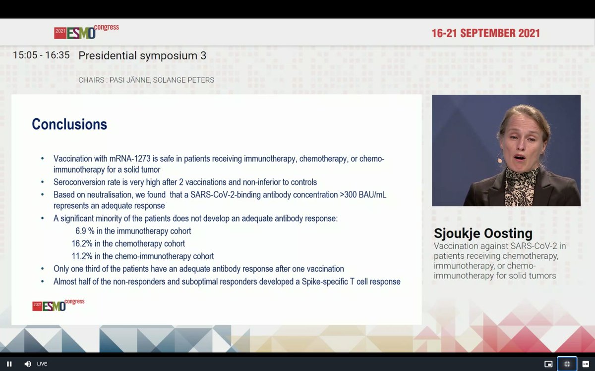 #VOICE #COVID19 &amp; solid malignancies
Key take-home messages:
🥇mRNA vaccines are #safe in pts tx with CT, IT and CT+/-IT
⚠️Significant minority does not develop adequate antibody response (i.e. under CT), still some T-cell rx
❌No adequate response after 1dose
 #ESMO21 <a href="/OncoAlert/">OncoAlert</a>