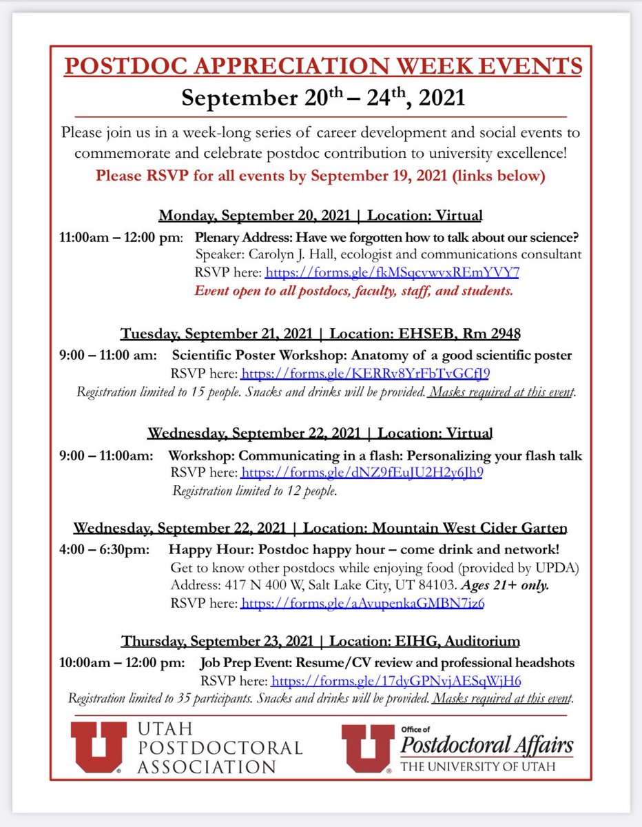 UtahPostdocs's tweet image. Happy #NationalPostdocAppreciationWeek!!! This week is too recognize and celebrate significant contributions and achievements of postdocs in research, discovery and mentoring! Join UPDA in celebrating our @UUtah postdocs with a week-long series of events!!!