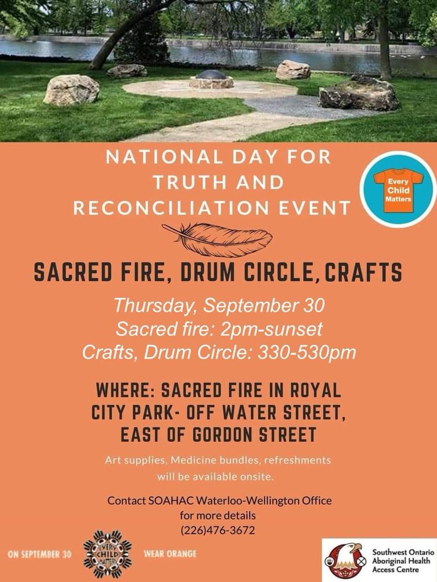 Indigenous Guelph and Friends (@indigenousguelp) on Twitter photo Please join us to acknowledge #OrangeShirtDay National Day for Truth and Reconciliation Sept 30. Sacred fire 2pm-sunset, Crafts & drum circle 330-530pm <a href="/cityofguelph/">City of Guelph</a> <a href="/guelphmuseums/">Guelph Museums</a> <a href="/IndigenousLife/">Brittany Luby</a> <a href="/SheriLongboat/">Sheri Longboat</a> <a href="/clclyne/">@clclyne</a> <a href="/CamGuthrie/">Mayor Cam Guthrie</a> <a href="/MercuryTribune/">GuelphMercuryTribune</a> <a href="/GuelphToday/">GuelphToday</a> Please join us to acknowledge #OrangeShirtDay National Day for Truth and Reconciliation Sept 30. Sacred fire 2pm-sunset, Crafts & drum circle 330-530pm <a href="/cityofguelph/">City of Guelph</a> <a href="/guelphmuseums/">Guelph Museums</a> <a href="/IndigenousLife/">Brittany Luby</a> <a href="/SheriLongboat/">Sheri Longboat</a> <a href="/clclyne/">@clclyne</a> <a href="/CamGuthrie/">Mayor Cam Guthrie</a> <a href="/MercuryTribune/">GuelphMercuryTribune</a> <a href="/GuelphToday/">GuelphToday</a>