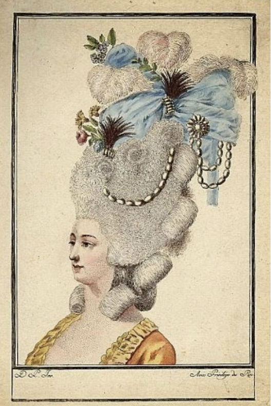missannabiller's tweet image. 18th century aristocrats wore ships and other outlandish ornaments on their heads. Hair powder was usually white, but it could also be orange, pink, red, blue, or violet. Lard was used to bind hair pieces together, and sometimes rats lived in them.