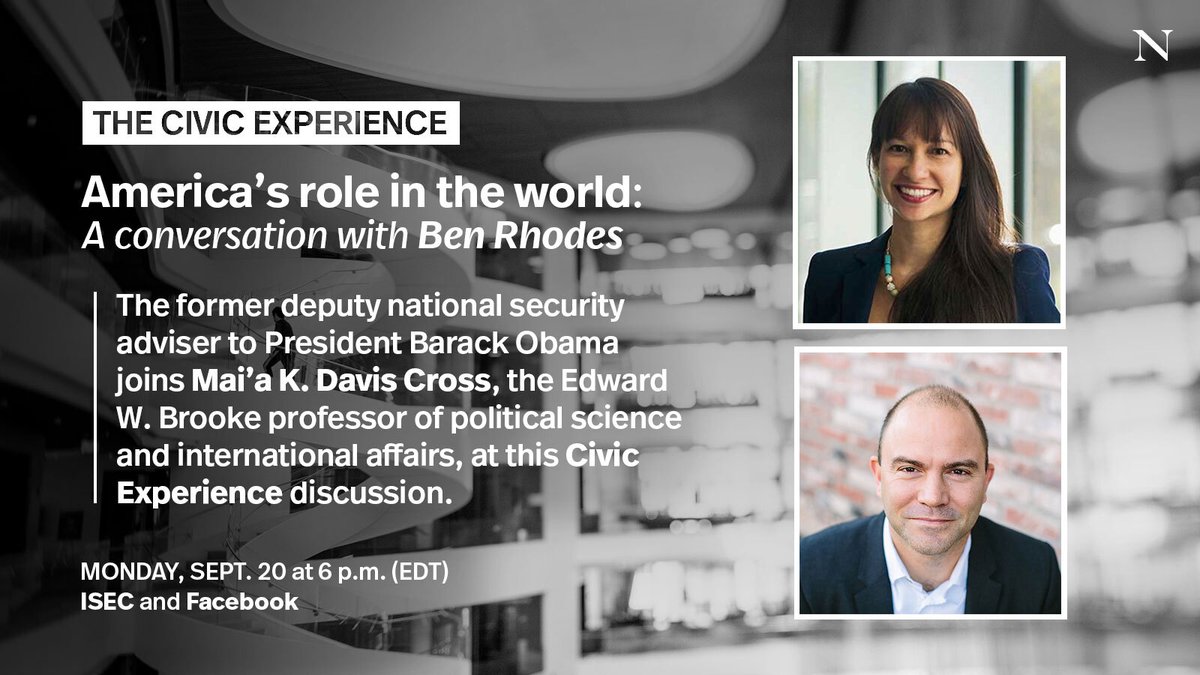 WATCH LIVE: Former U.S. national security adviser <a href="/brhodes/">Ben Rhodes</a> joins <a href="/NUCSSH/">Northeastern CSSH</a>'s <a href="/keapuolani/">Mai'a K. Davis Cross 🇭🇰</a> to discuss America's role in the world.

📆: TODAY
🕕: 6 p.m. EDT
📍: ISEC
➡️: bitly.com/39owtKq