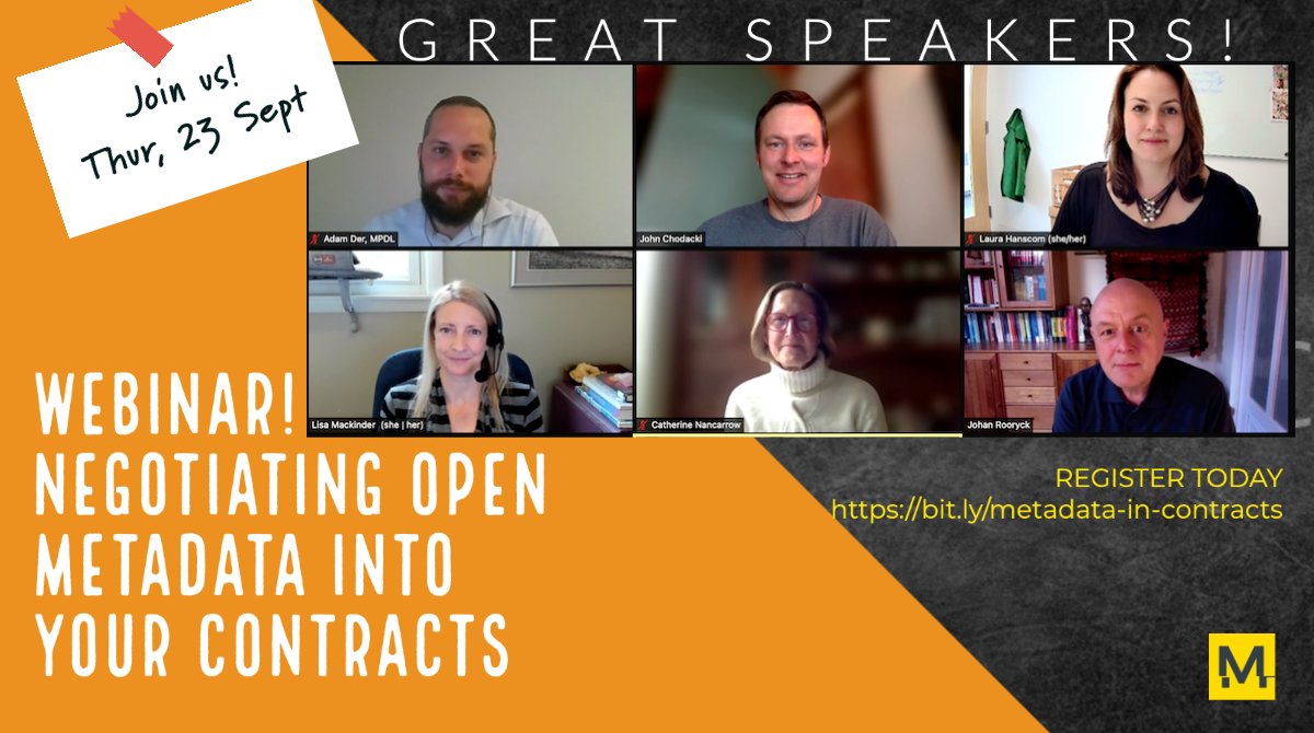 Metadata2020's tweet photo. Metadata 20/20: DO MORE - Negotiate Metadata into Contracts

Hear from our fantastic panel on 23 September 2021 at our upcoming webinar about Negotiating Open Metadata into Your Contracts. 

DETAILS &amp; SPEAKERS:
https://t.co/A0hPyPpbgt

#metadata #domore #metadataincontracts https://t.co/KgdgvkRVNt
